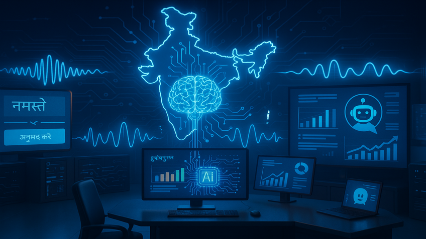 Futuristic Indian tech lab showcasing AI development with a glowing brain connected to the map of India, digital voice waves, charts, and AI assistant screens.
